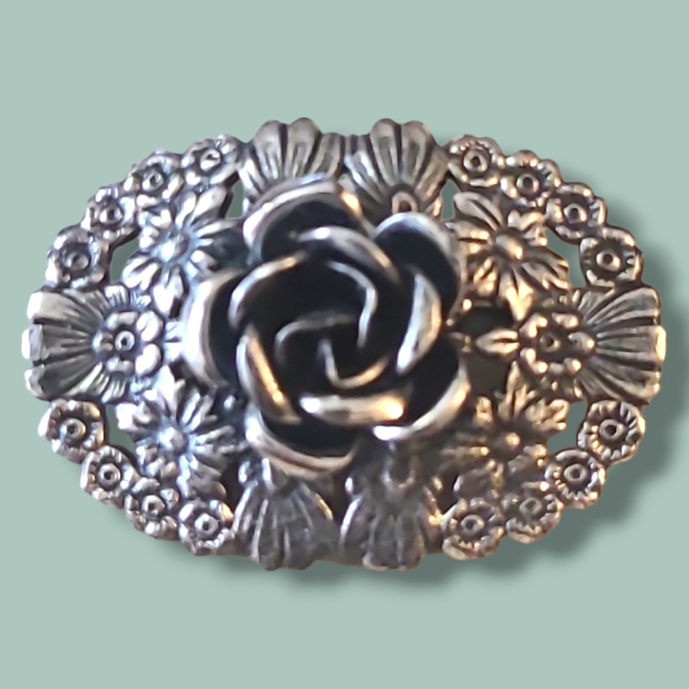 Vintage Silver Tone Rose Floral Brooch Pin Victorian Revival Openwork Bouquet